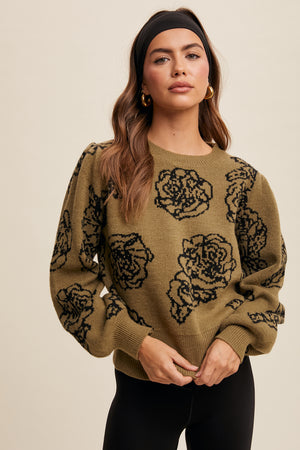 ELEGANT FLOWER PATTERN KNIT SWEATER