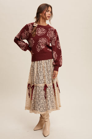 ELEGANT FLOWER PATTERN KNIT SWEATER