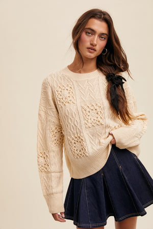 FLORAL CROCHET EMB CHECKER KNIT SWEATER