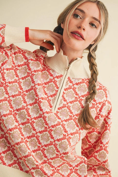 FLORAL HALF ZIP PULLOVER