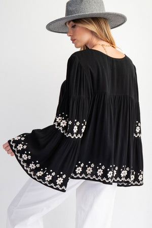 PLUS SIZE EMBROIDERED  BELL SLEEVE TOP