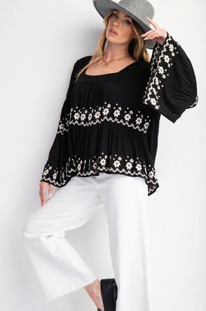 PLUS SIZE EMBROIDERED  BELL SLEEVE TOP