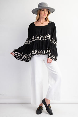 PLUS SIZE EMBROIDERED  BELL SLEEVE TOP