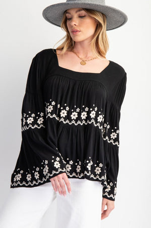 PLUS SIZE EMBROIDERED  BELL SLEEVE TOP