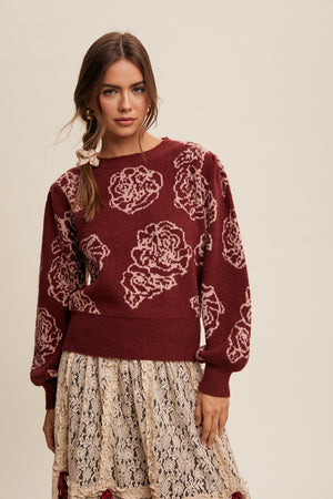 ELEGANT FLOWER PATTERN KNIT SWEATER